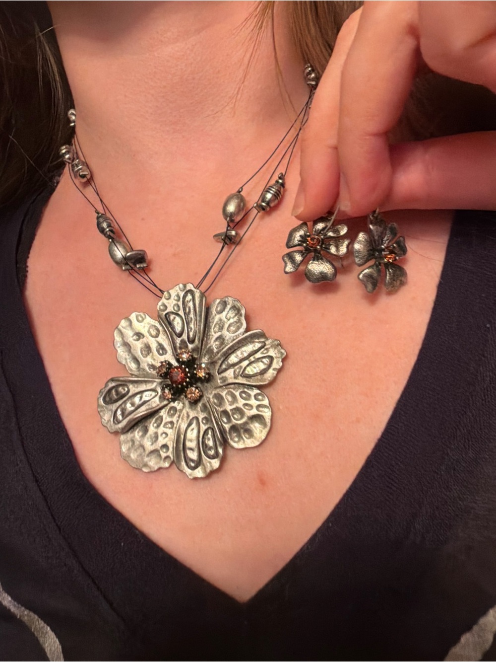 Silver Floral Pendant Necklace and Earrings Set - Silver Flower Jewelry